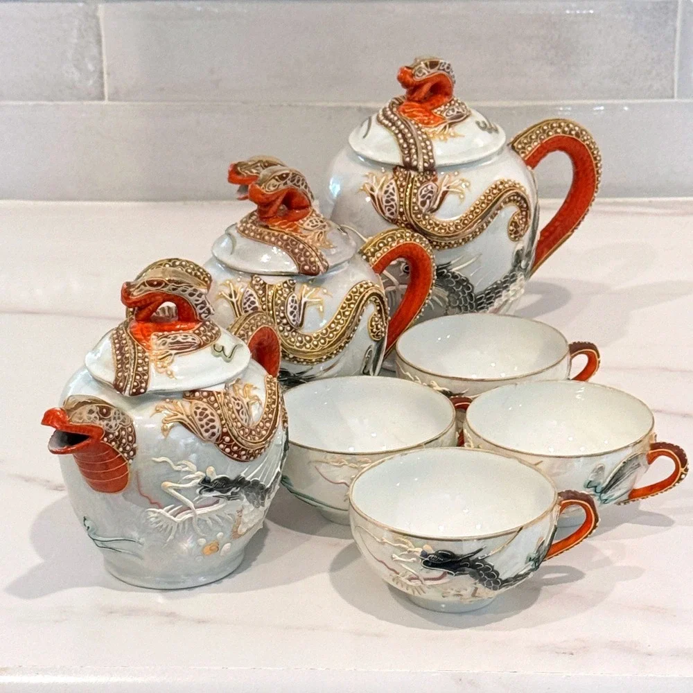 IISA Dragonware Geisha Lithophane Set Moriage 2‎ Teapots Cream Sugar Bowl 4 Cups